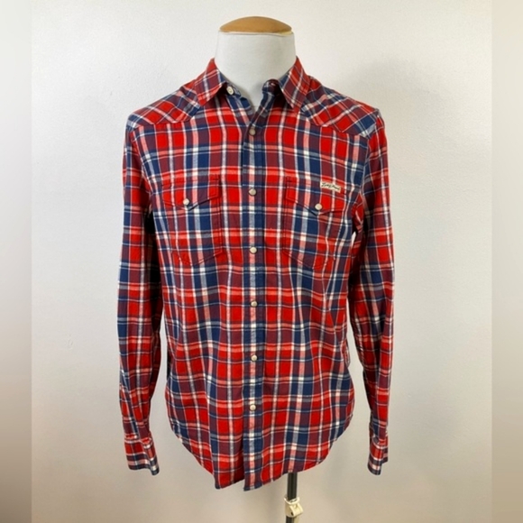 LUCKY BRAND Mens Red Plaid Lg Sleeve Western Cowboy Pearl Snaps Shirt, sz MD - Picture 1 of 8